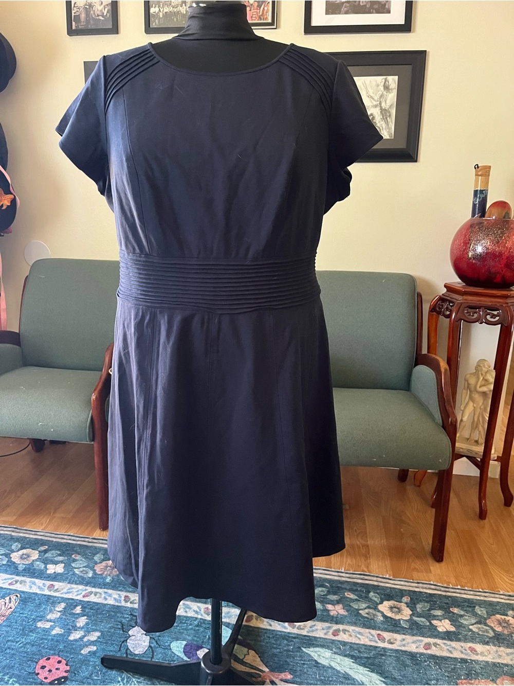 Eliza J Navy Short-Sleeve Pleated-Waist A-Line Dress